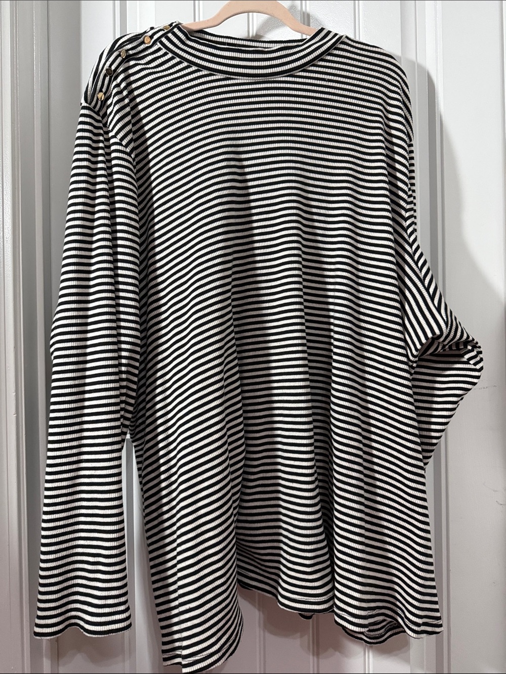 Lane Bryant Black and White Striped Long Sleeve Top with Shoulder Buttons